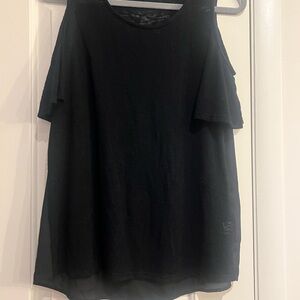 Gibson Black Asymmetrical Ruffled Cold Shoulder Top